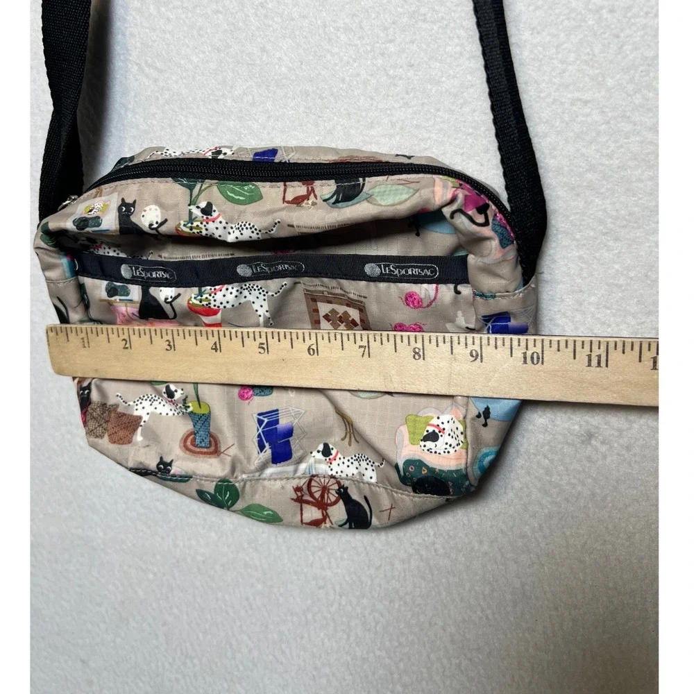 LeSportsac Womens Crossbody Bag Cat Dog Novelty Print Small Tan Nylon Messenger